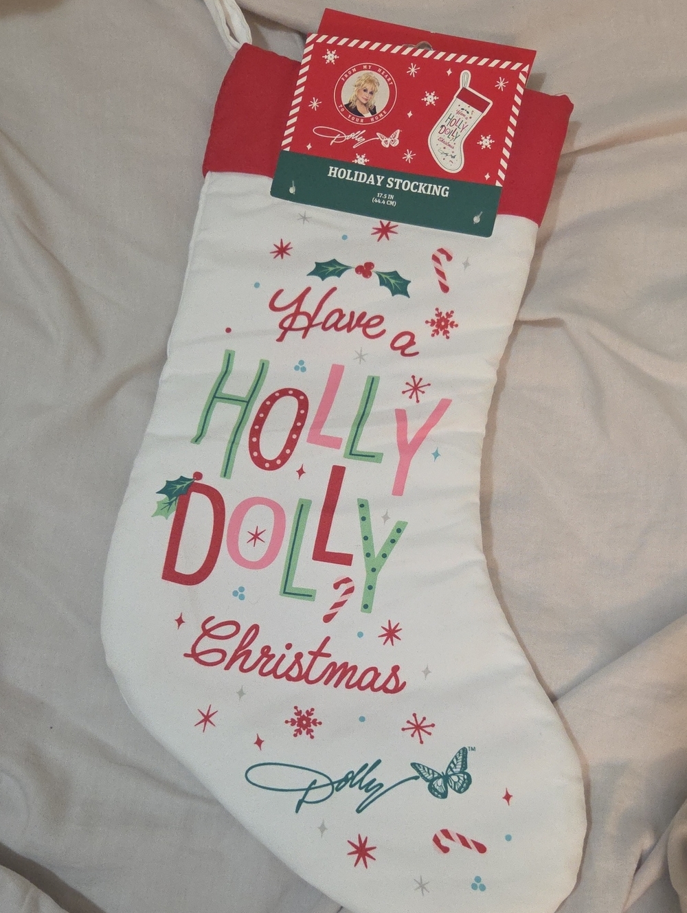 Dolly Parton NWT White Holiday Stocking with Red & Green Accents